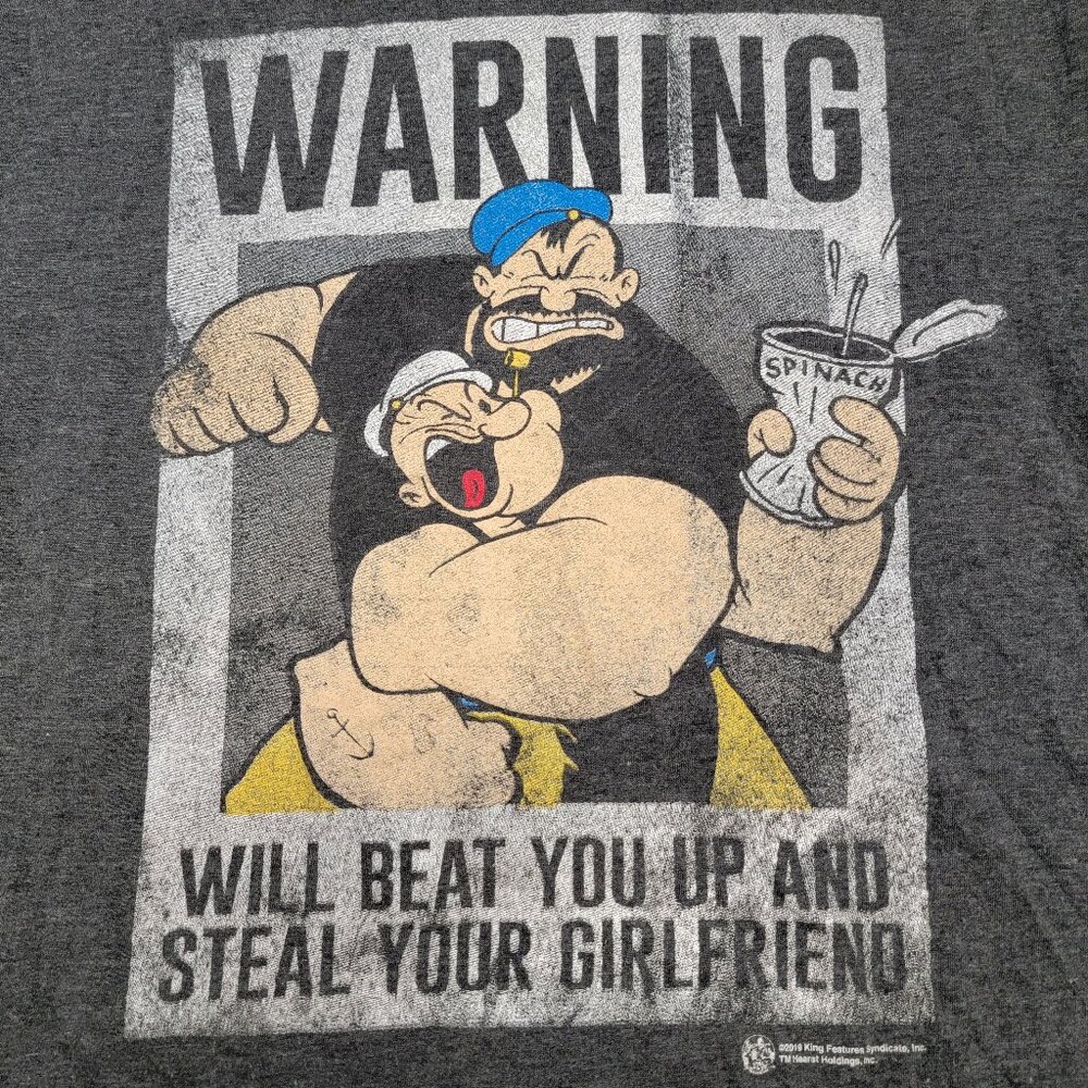 Tee Luv Mens Dark Grey Popeye/Brutus Warning Beat you up steal your GF T-shirt L